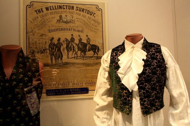 'The Male Wardrobe, 1840-1860: As women's dress became increasingly elaborate, men's formal clothing became dark and plain. A gentleman could, however, display  his individuality and taste with a brightly patterned 'fancy' waistocat, either bought from an outfitter or hand-embroidered by his wife or daughter.' 