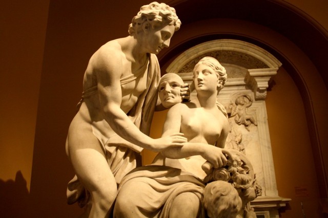 Laurent Delvaux, about 1725: Vertumnus and Pomona. 'Vertumnus was a nature god who could assume any shape. Here he woos the nymph Pomona. He gained her presence in the guise of an old woman, but then removed his mask to reveal himself as a youthful god. The sculptor, Delvaux, was trained in The Netherlands, but worked in England from 1717 - 1728.'